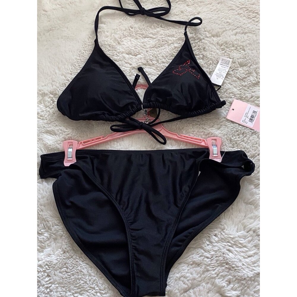 Juicy Couture Double Charm Dangle Triangle Bikini Heart Cherries Black Size XL